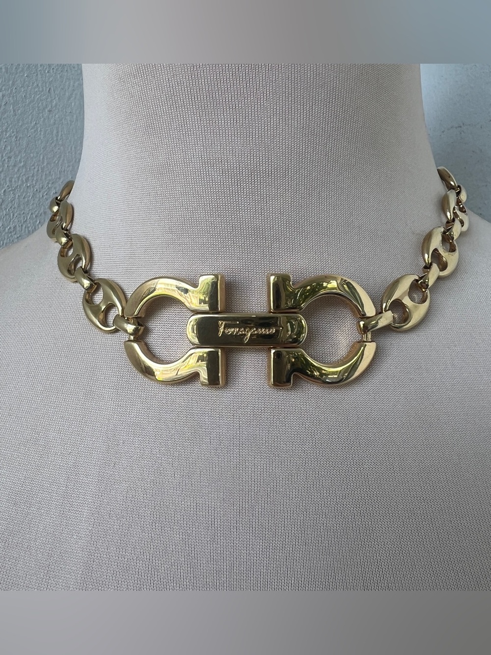 Custom Ferragamo Gold Gancini Hardware Mariner Link Statement Necklace 15-16.5”